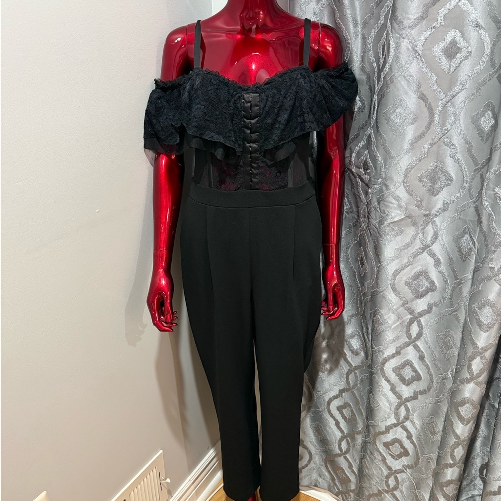 Express Black Lace Off-Shoulder Jumpsuit with Sheer Bodice